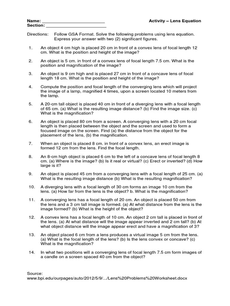 Lens Equation Worksheet PDF Lens (Optics) Radiation