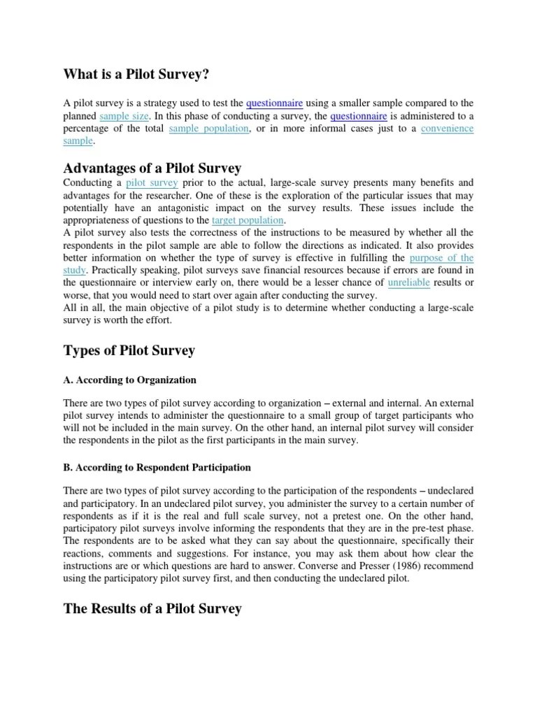 What Is A Pilot Survey PDF Survey Methodology Questionnaire