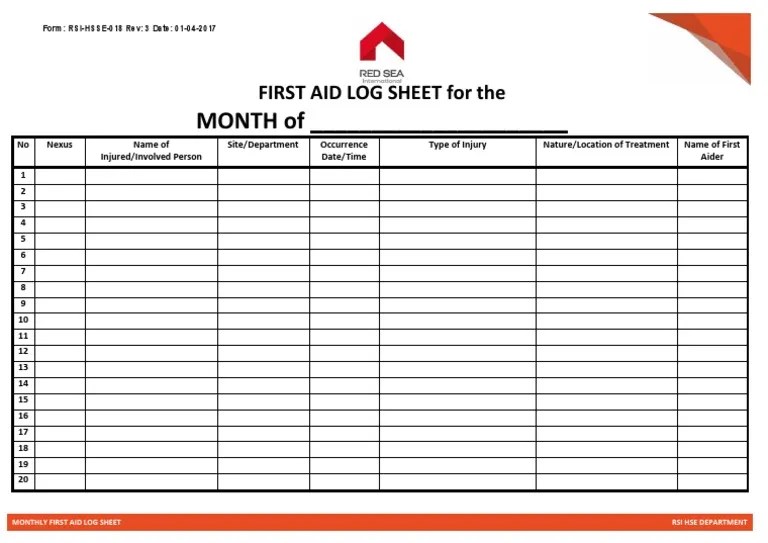 Monthly First Aid Log Sheet