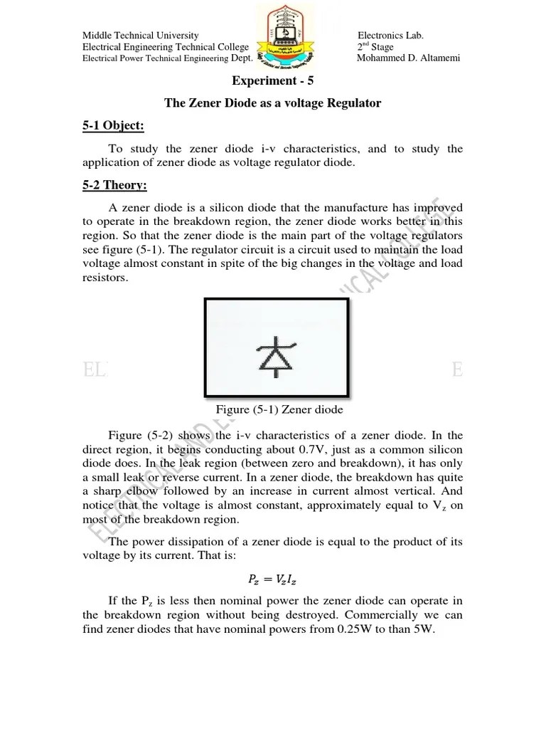 EXP5 the Zener Diode as a Voltage Regulator Diode