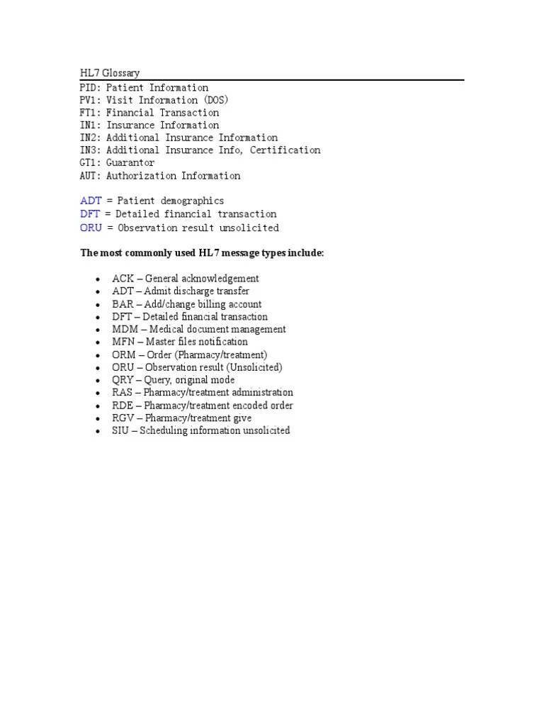 ADT DFT ORU The Most Commonly Used HL7 Message Types Include PDF