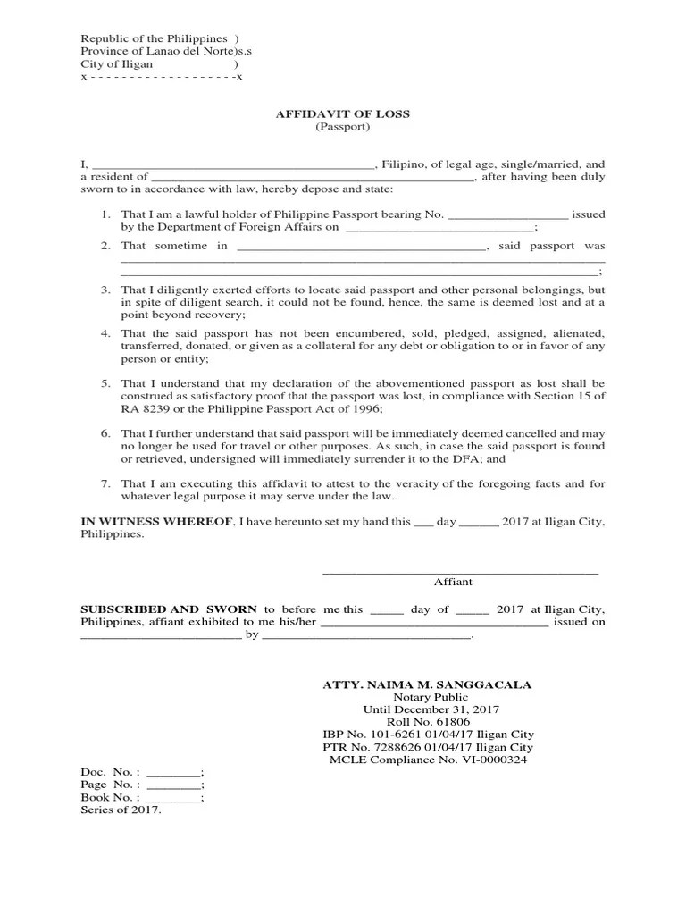Affidavit of Loss (Passport) Affidavit Passport