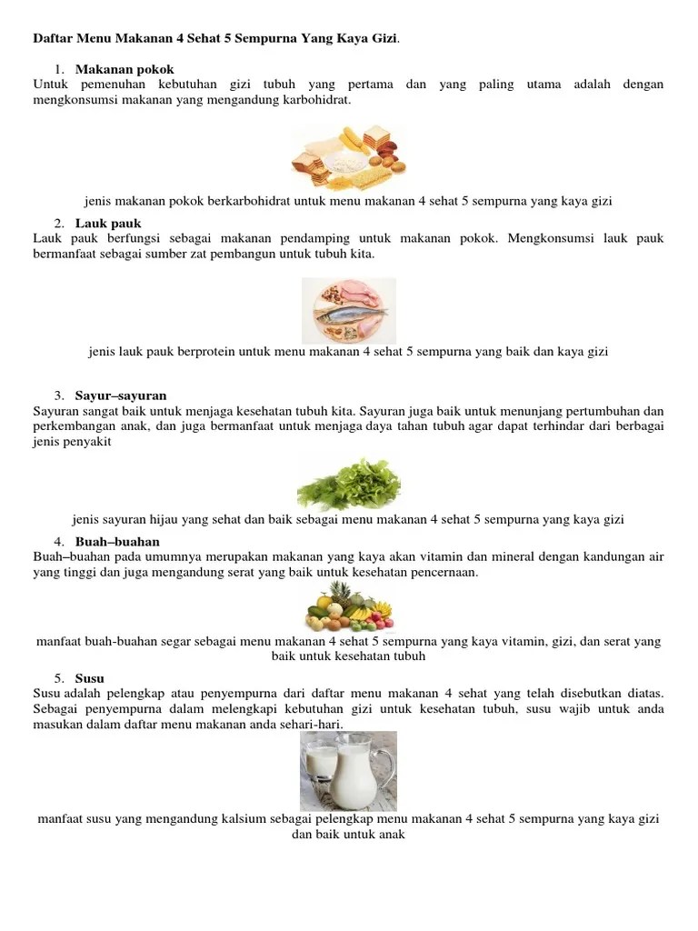 Daftar Menu Makanan 4 Sehat 5 Sempurna Yang Kaya Gizi | PDF