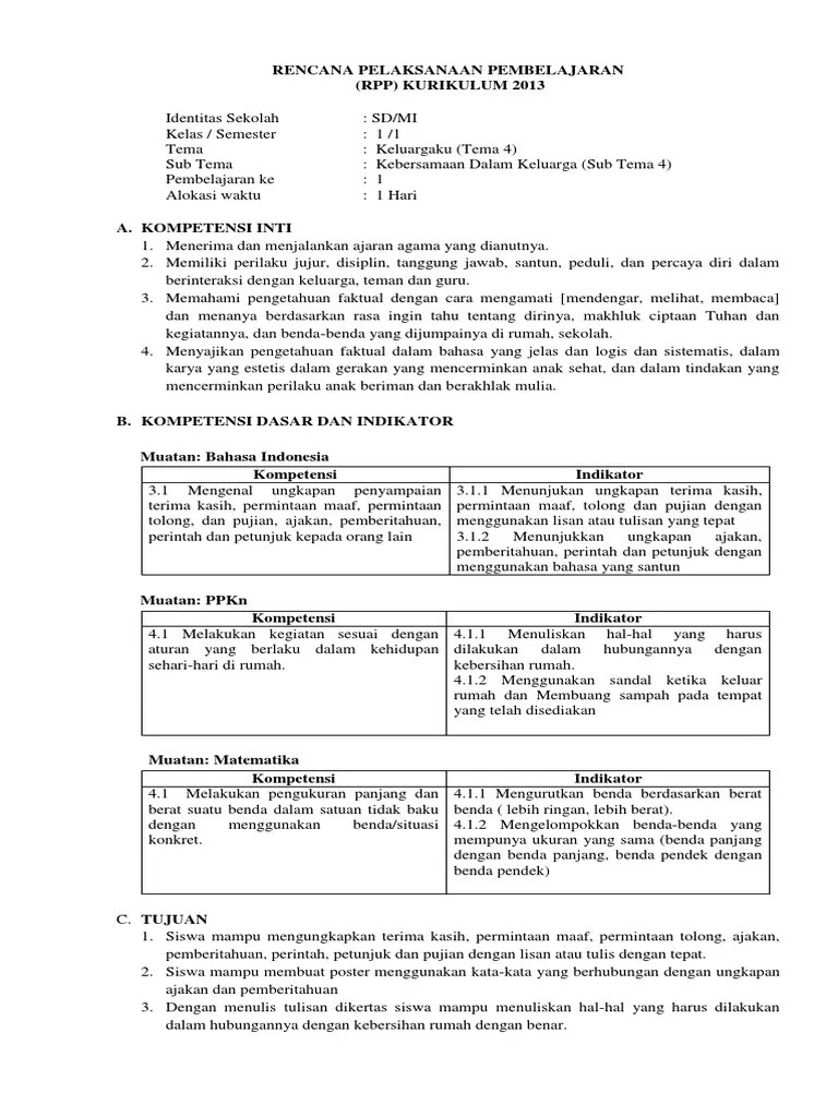 RPP Tematik Integratif Kelas 1