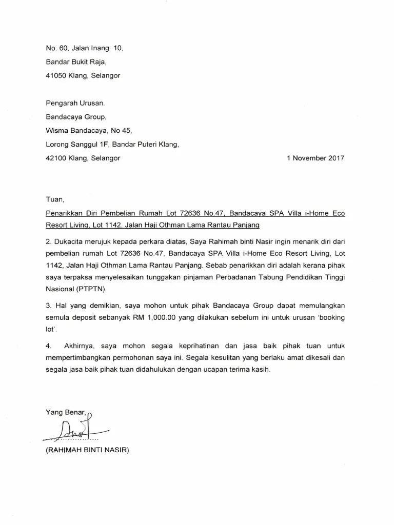 Surat pembatalan pembelian unit rumah. Surat Batal Pembelian Rumah