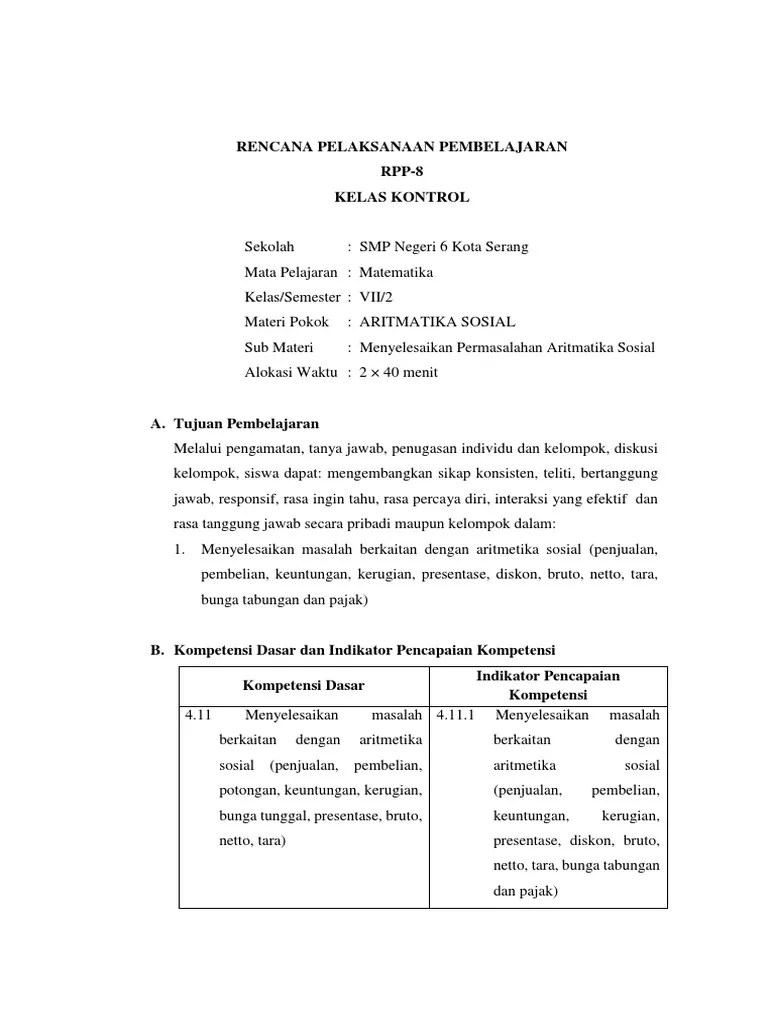 Rpp Matematika Smp Kelas 7 Kurikulum 2013 Materi Aritmatika Sosial