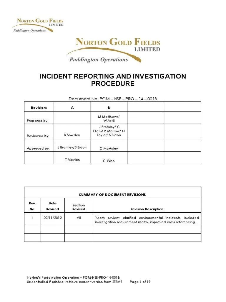 Incident Reporting Investigation Procedure PGM HSE PRO 14 001B