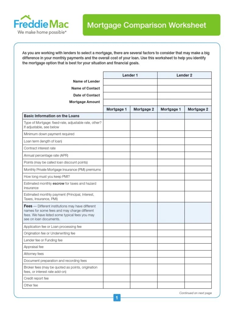 Mortgage Comparison Worksheet PDF Mortgage Loan Annual Percentage