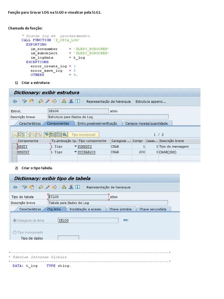 Função para Gravar LOG Na SLG0 e Visualizar Pela SLG1 PDF Áreas de
