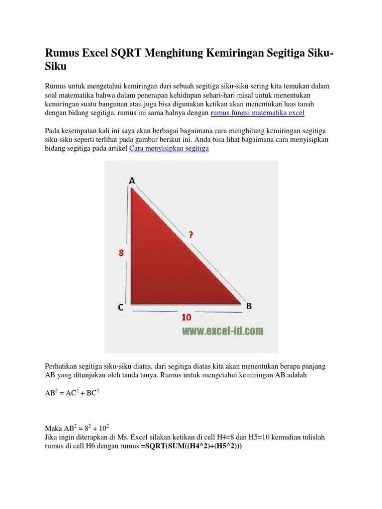 Rumus Excel SQRT Menghitung Kemiringan Segitiga Siku