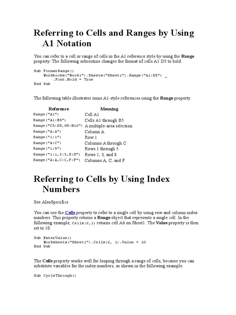 Referring To Cells and Ranges by Using A1 Notation Reference Meaning
