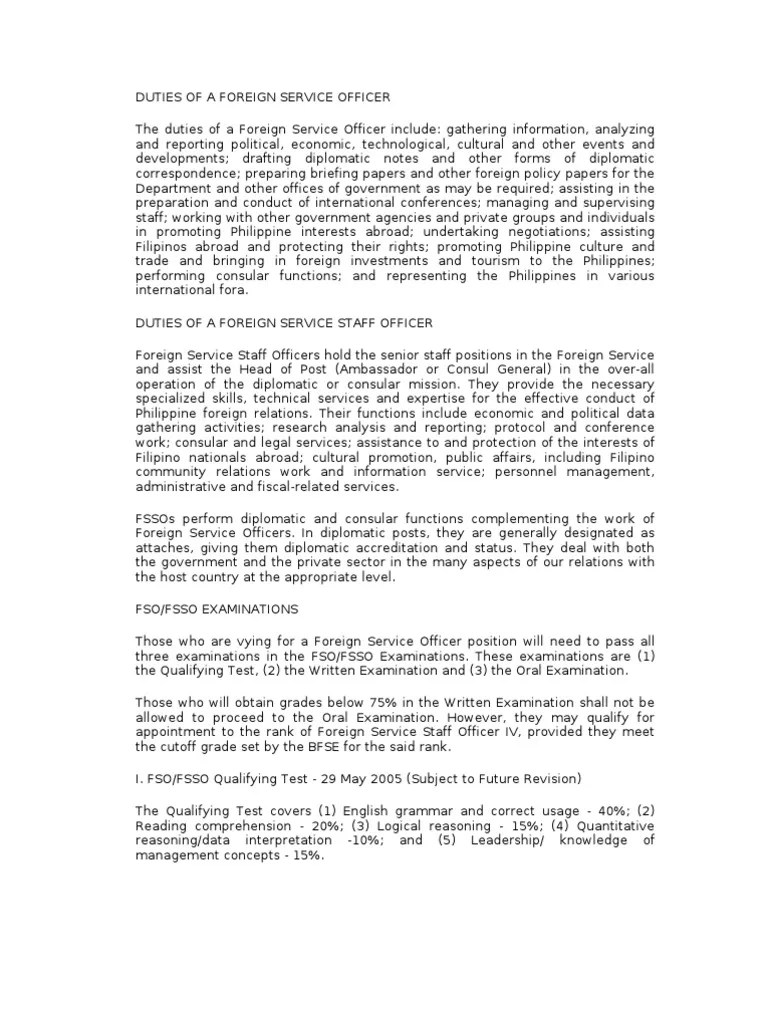 Duties of a Foreign Service Officer Consul (Representative) United