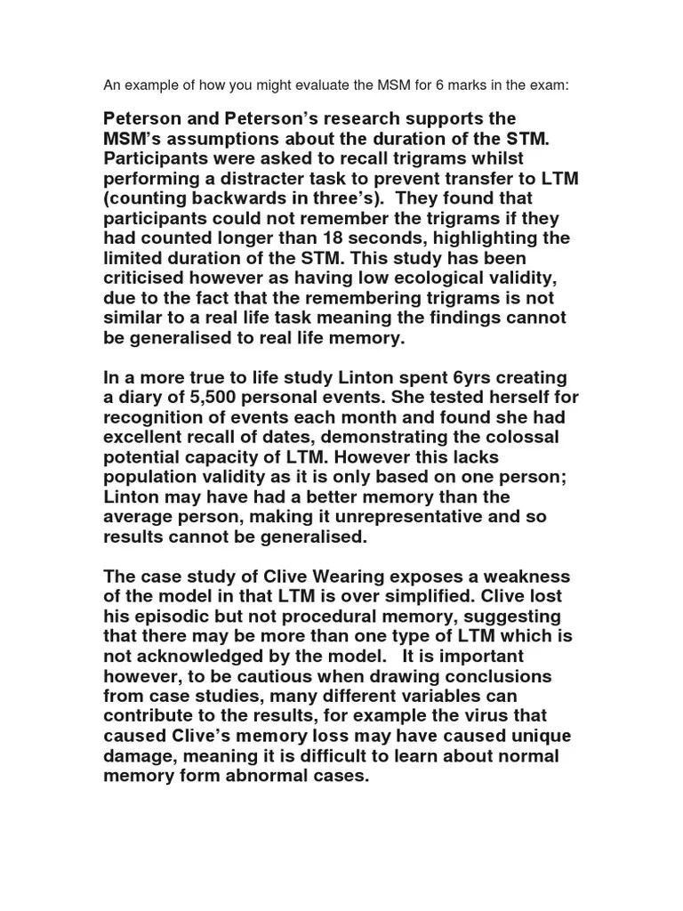 An Example of How You Might Evaluate The MSM For 6 Marks in The Exam PDF Recall (Memory