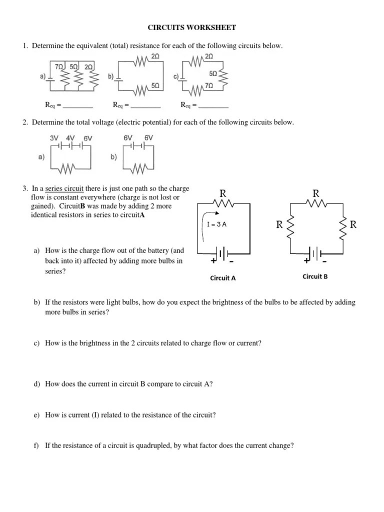 1 Circuits Worksheet Series And Parallel Circuits Electrical
