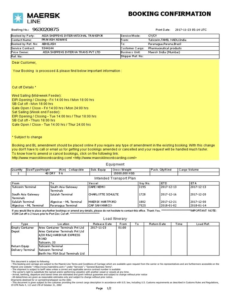 Container Booking PDF Cargo Commercial Item Transport And