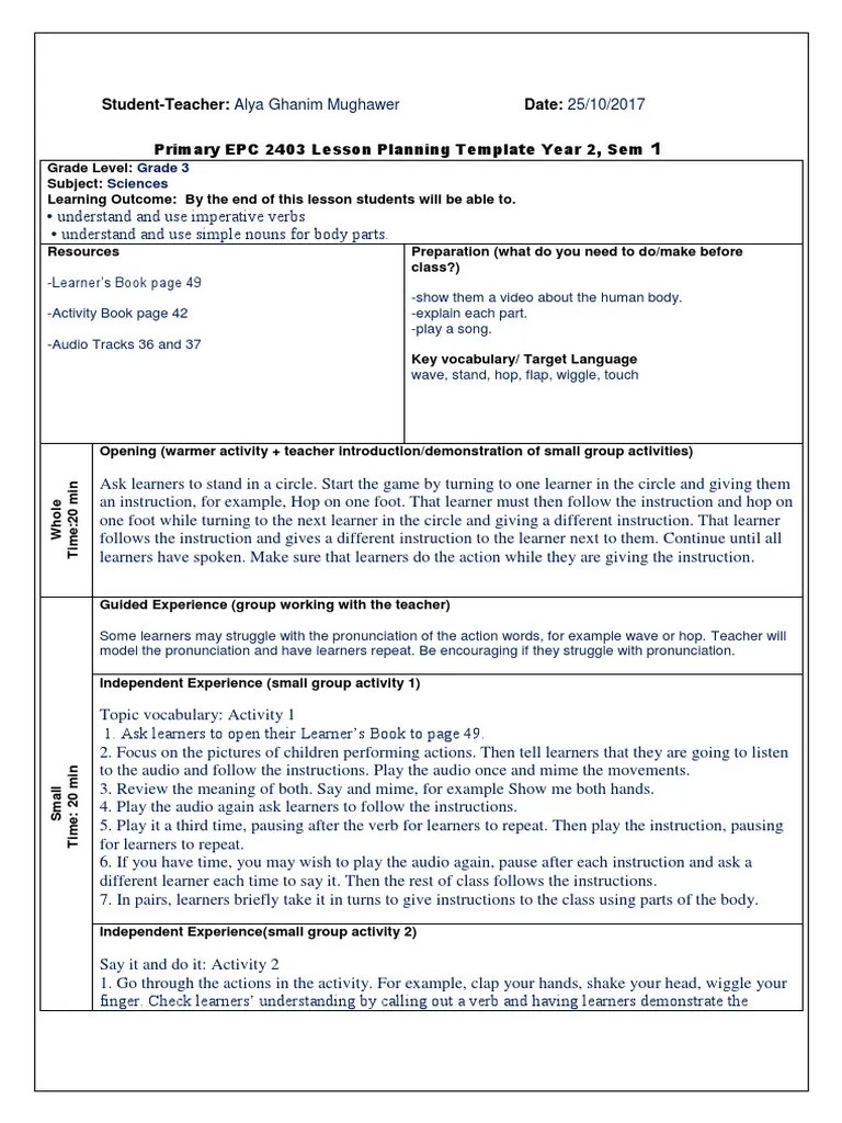 StudentTeacher Date Primary EPC 2403 Lesson Planning Template Year 2