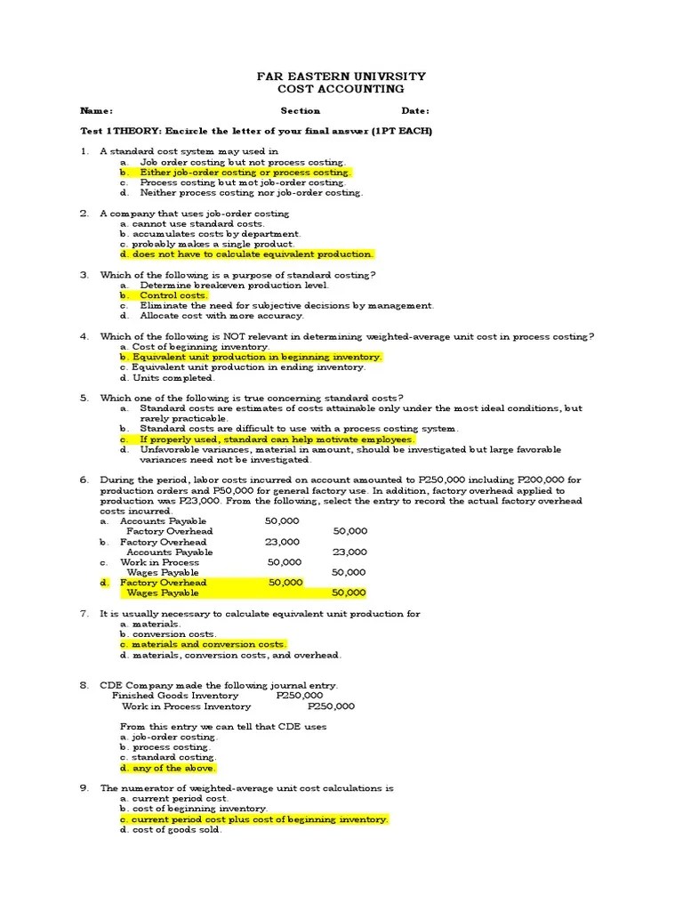 Far Eastern Univrsity Cost Accounting Canvass Inventory Cost Of