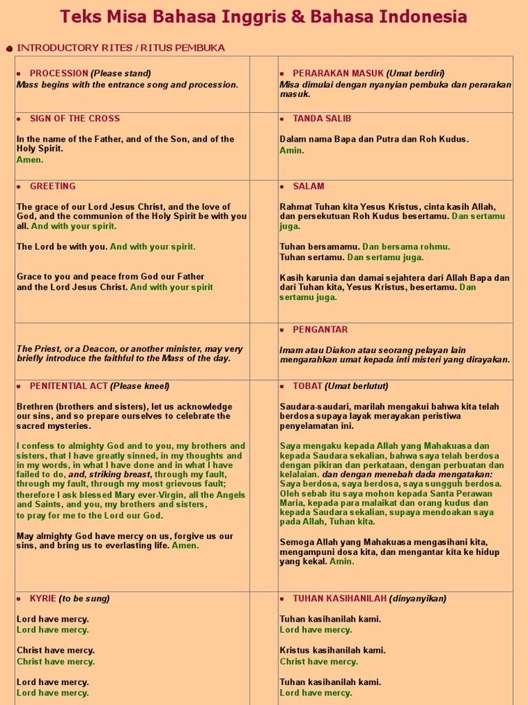 Teks Misa Bahasa Inggris &amp; Bahasa Indonesia | PDF | Misa (Liturgi) |  Perilaku dan Pengalaman Beragama