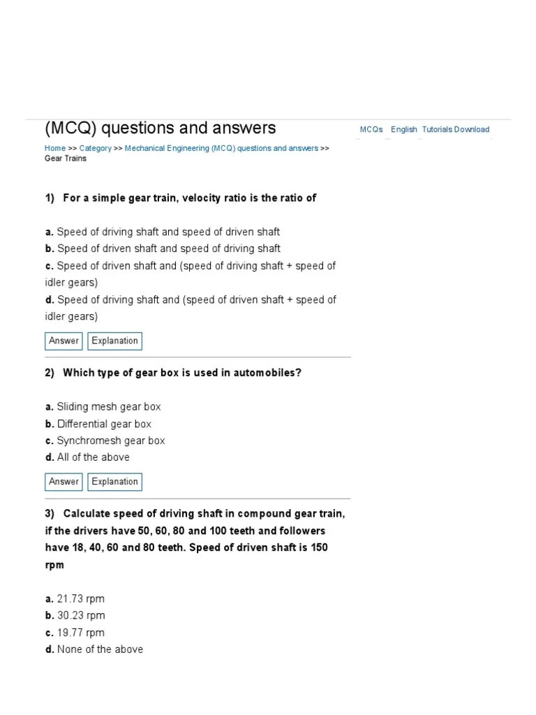 Gear Trains Mechanical Engineering (MCQ) Questions and Answers Gear