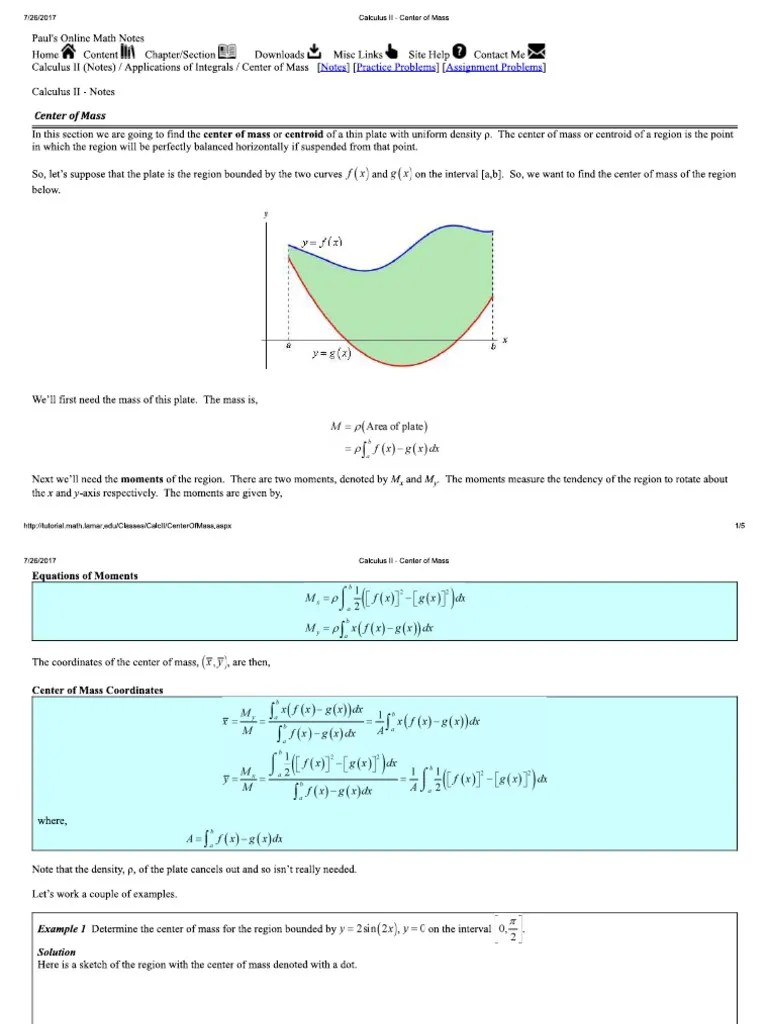 Center of Mass With Calculus From Paul's Math Notes