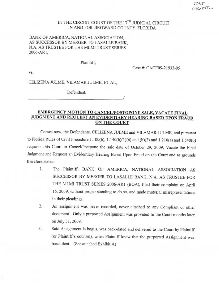 Motion To Vacate Judgment Sample Letter
