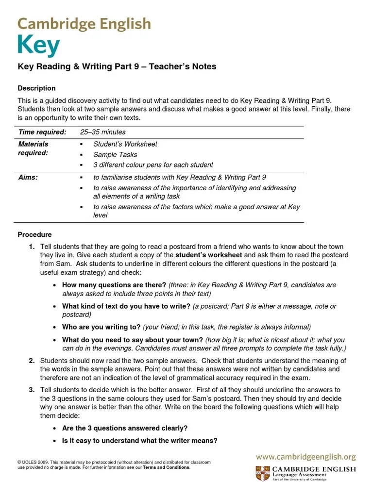 Cambridge English Key Ket Reading and Writing Part 9 Reading (Process