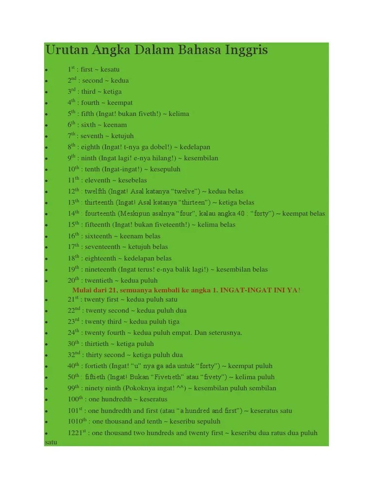 Urutan Angka Dalam Bahasa Inggris | PDF