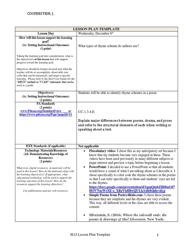 rhyme scheme lesson plan Individualized Education Program Lesson Plan