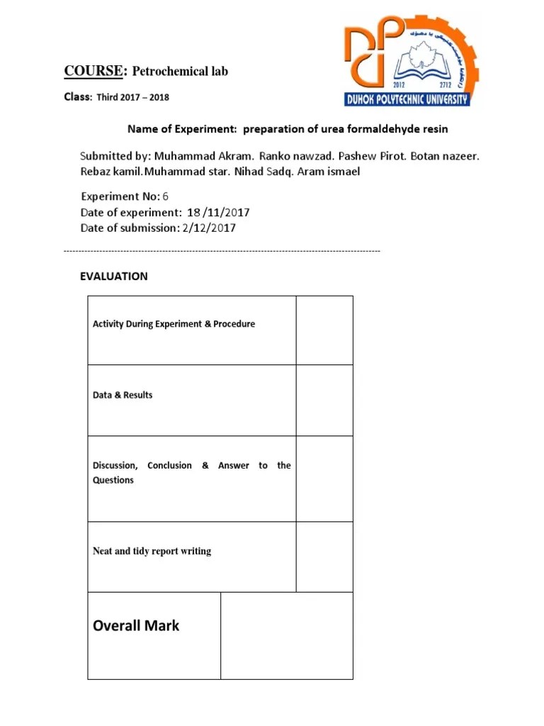 Preparation of Urea Formaldehyde Resin Formaldehyde Catalysis