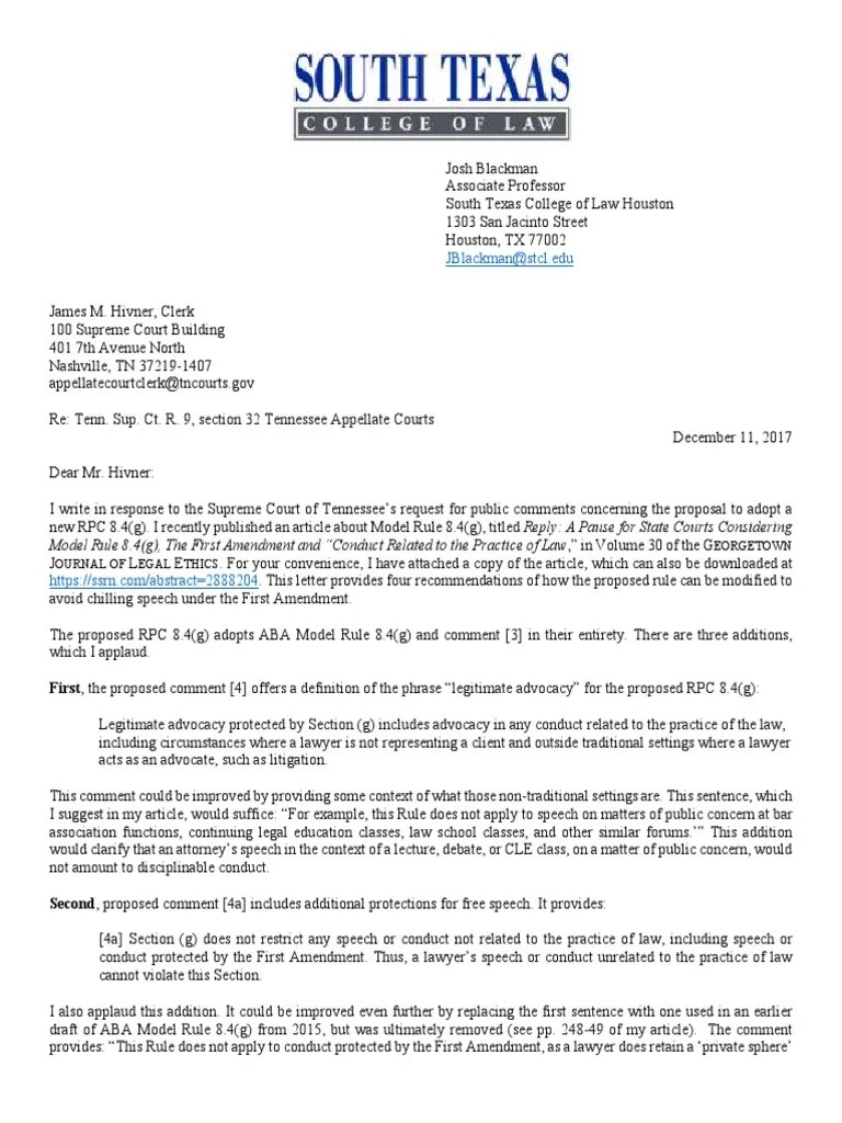Blackman Letter to Tennessee Supreme Court concerning RPC 8.4(g