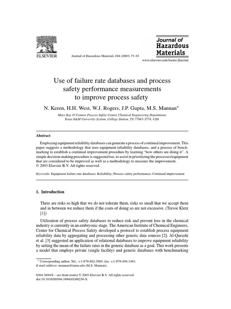 Use of Failure Rate Databases and Process Safety Performance