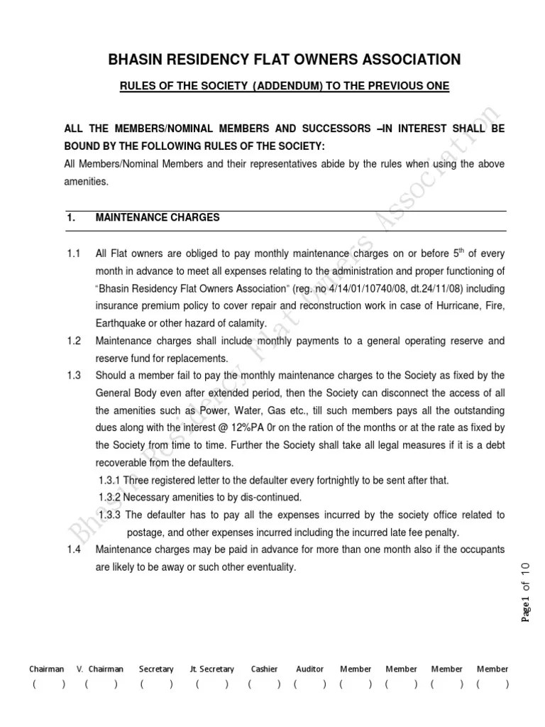 Bhasin Residency Flat Owners Association Rules and Regulations PDF
