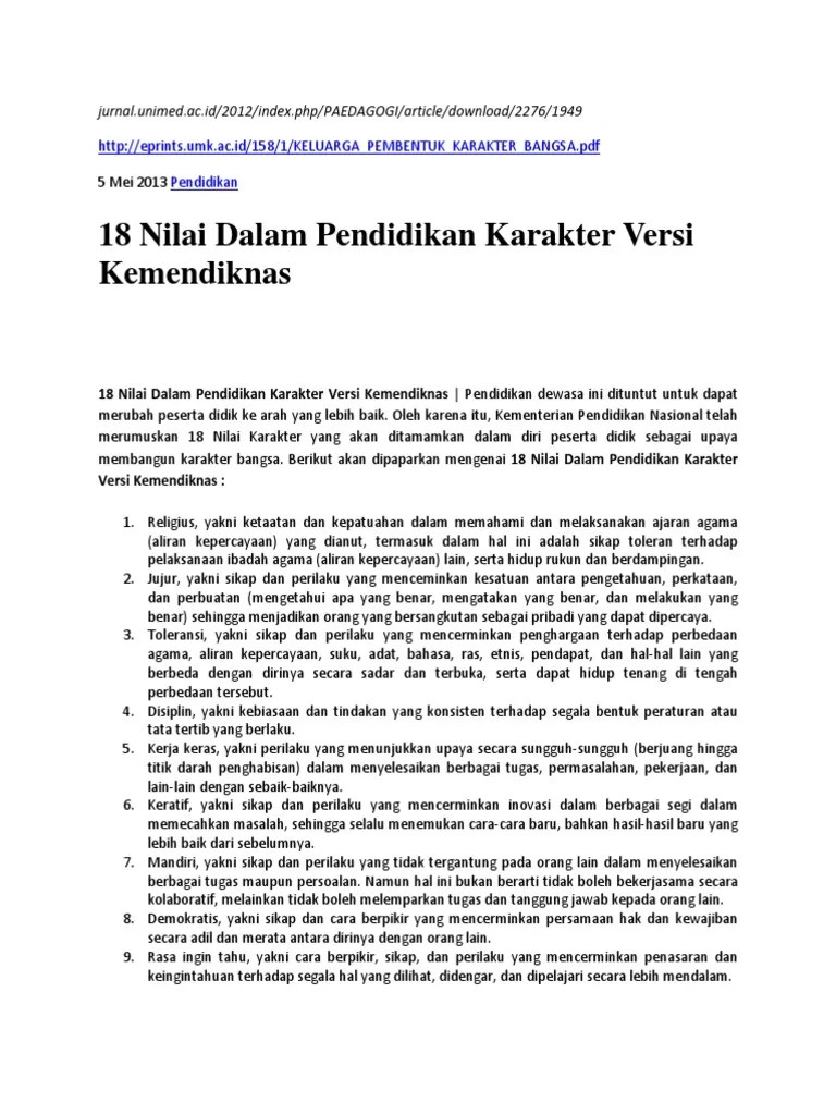 18 Nilai Dalam Pendidikan Karakter Bangsa Terkait Pendidikan