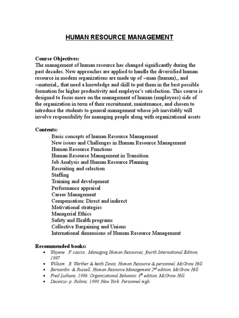 Human Resource Management Course Objectives