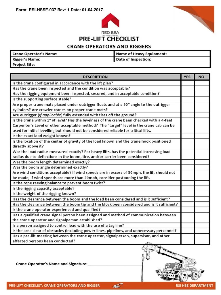 37 Prelift Checklist Crane Operators and Riggers Crane (Machine) Mechanical Engineering