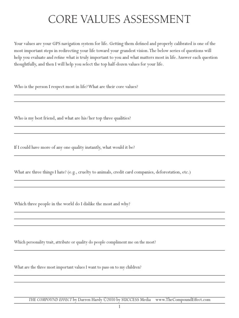 Free Printable Core Values Worksheet