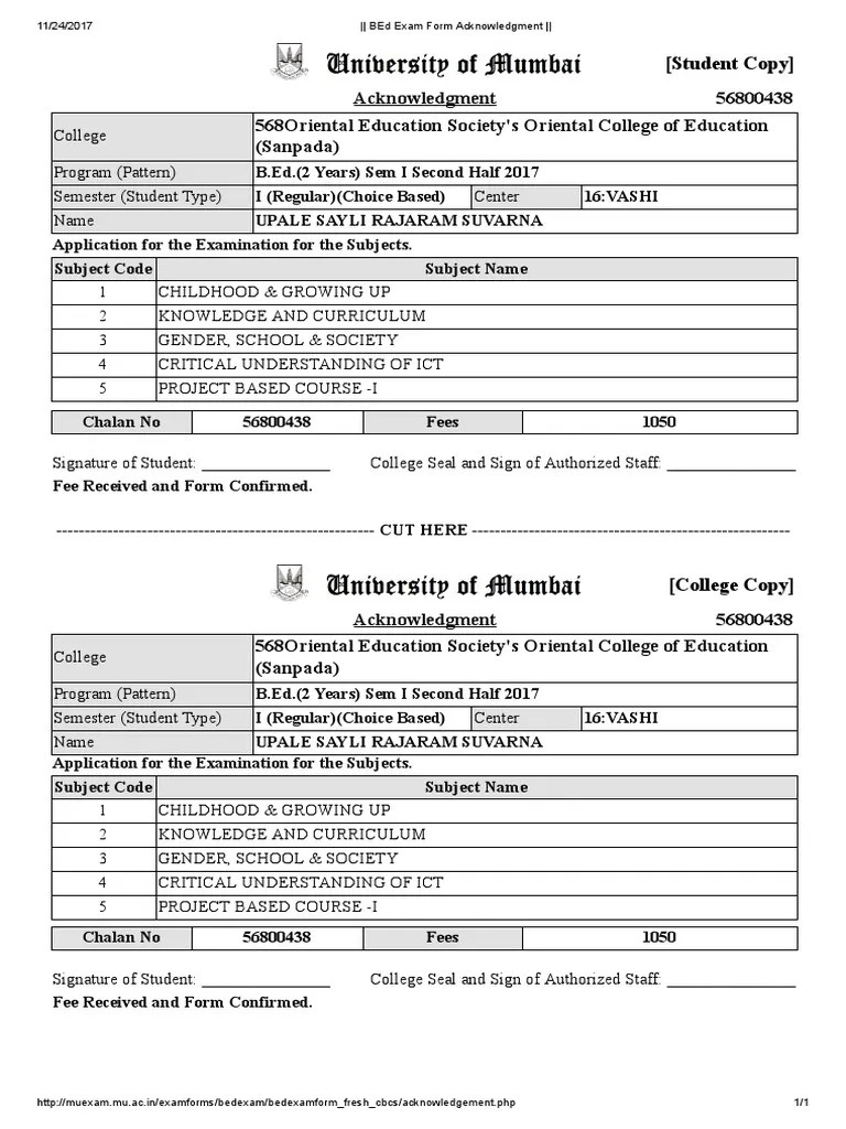 BEd Exam Form Acknowledgment PDF Test (Assessment) Teaching