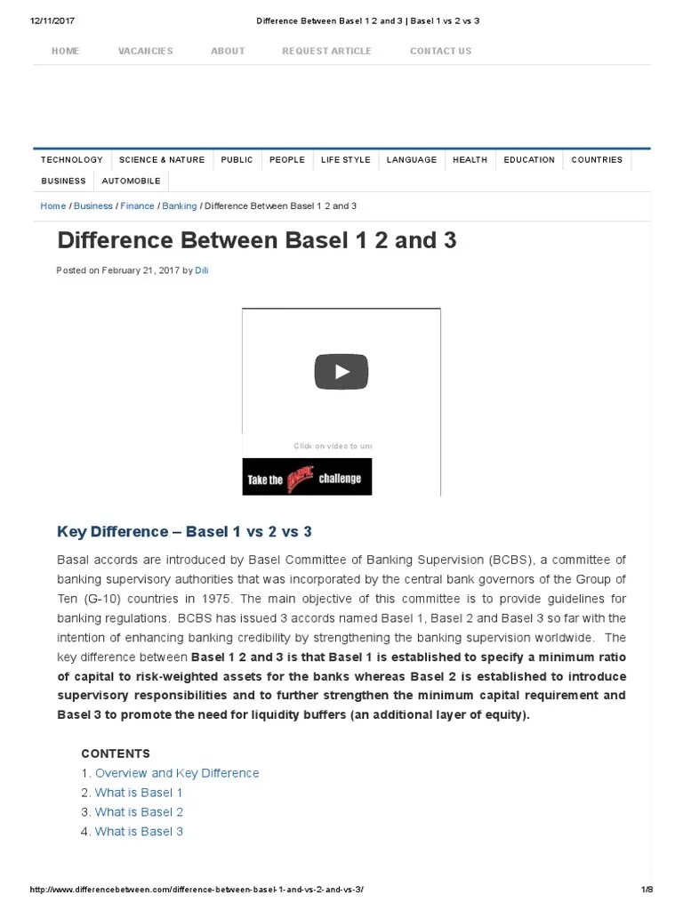 Difference Between Basel 1 2 and 3 Basel 1 Vs 2 Vs 3 PDF Basel Ii