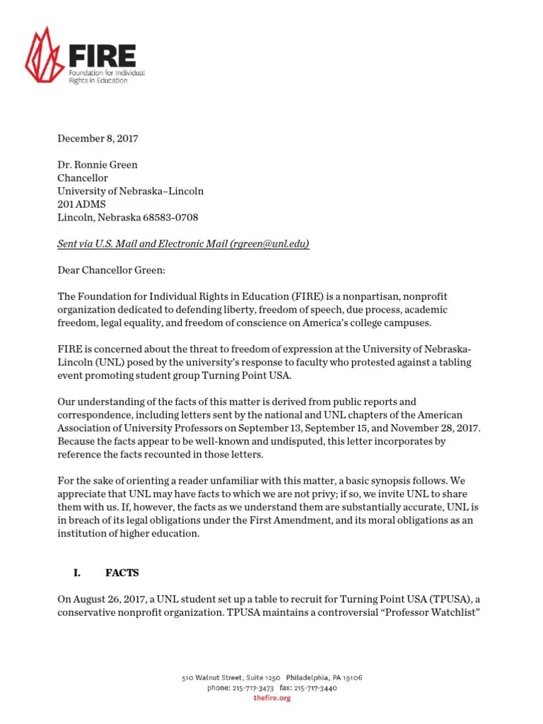 FIRE Letter to University of Nebraska Lincoln First Amendment To The