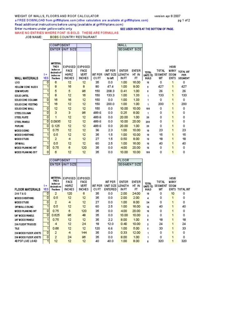 Excel Building Weight Calculator Roof Lumber