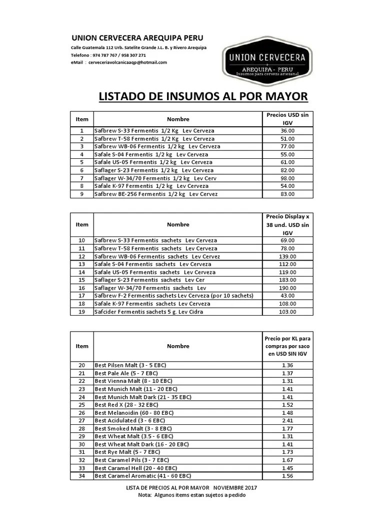 Lista de Precios Al Por Mayor Noviembre 2017