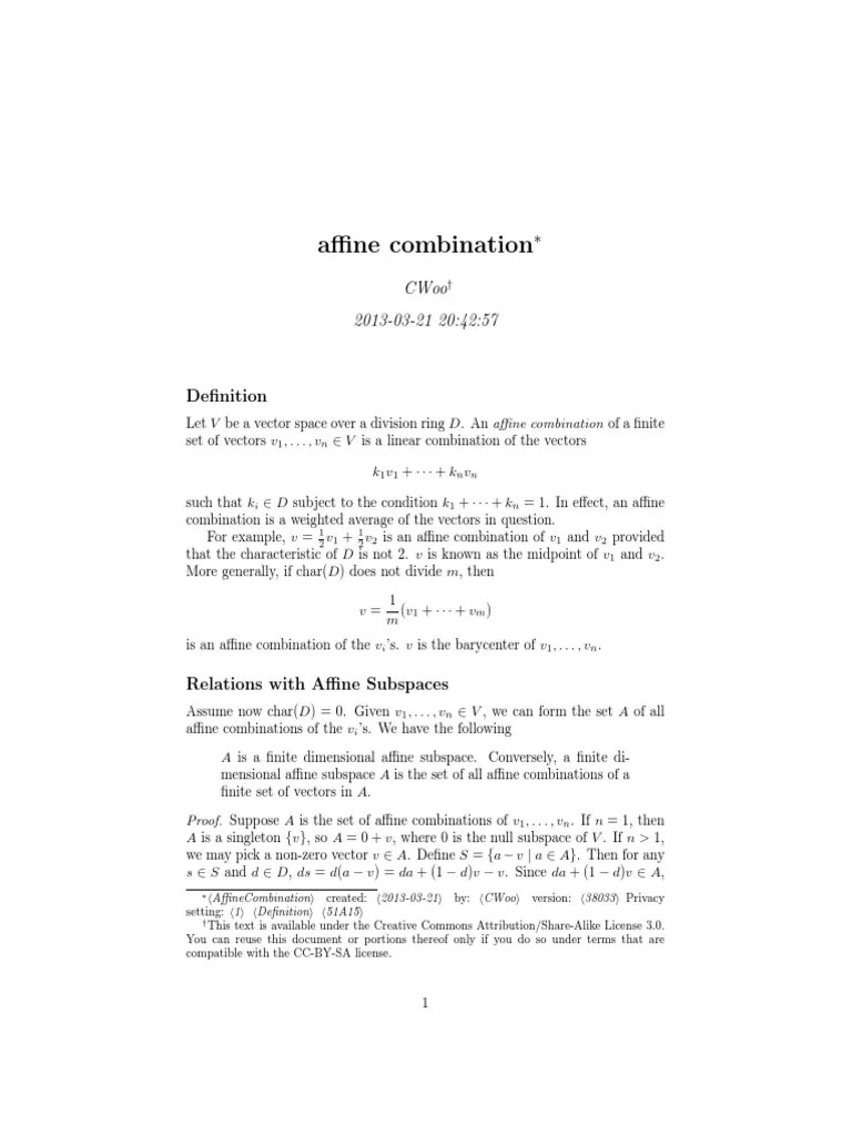 Affine Combination PDF Linear Subspace Vector Space