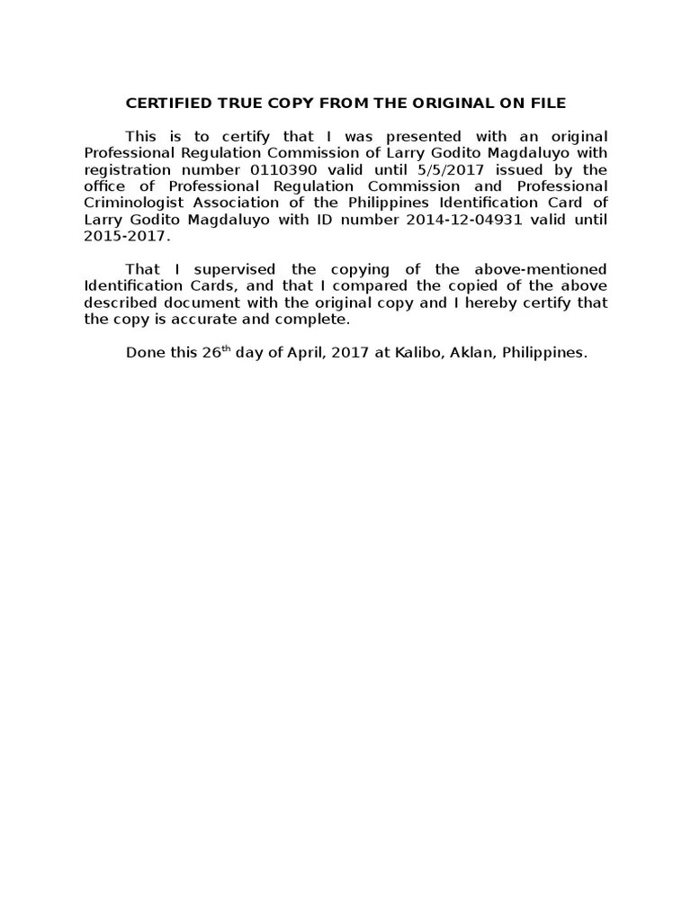 Certified True Copy From the Original on File. Document Document