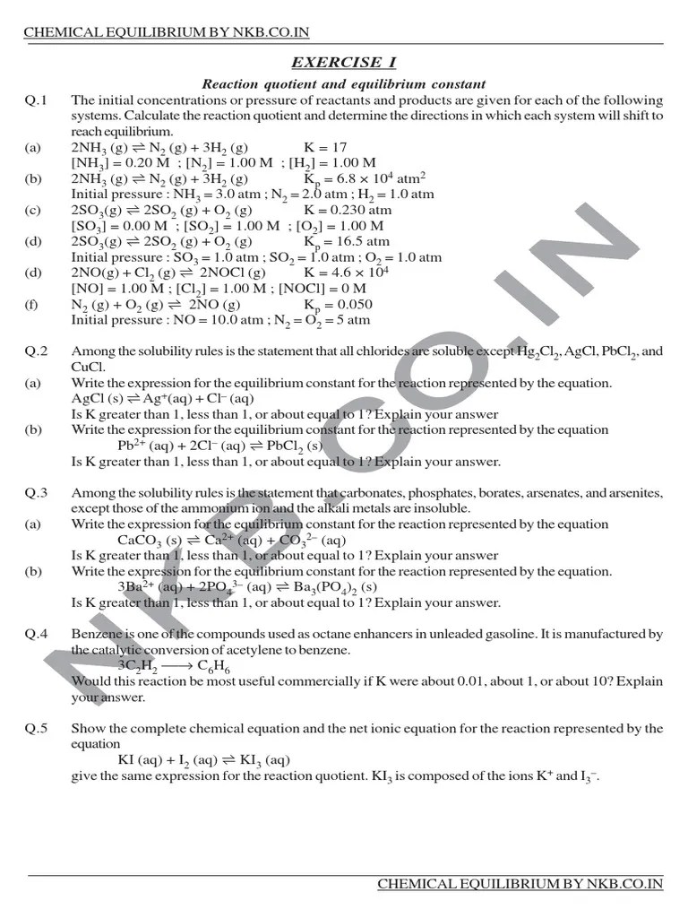 Subjective and Objective Questions With Answers of Chemical Equilibrium