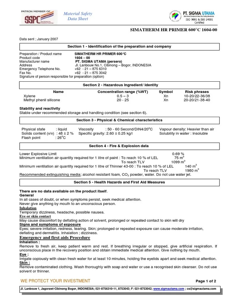 SIMATHERM HR PRIMER 600°C 160400 Material Safety Data Sheet