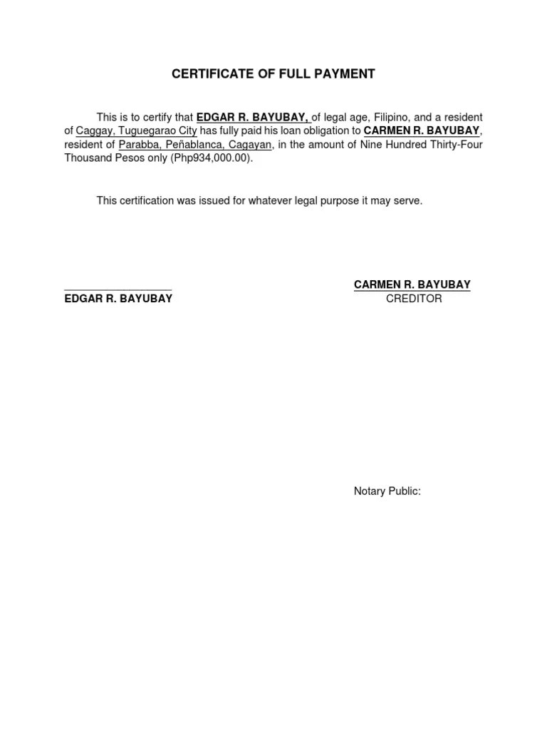 Certificate of Full Payment