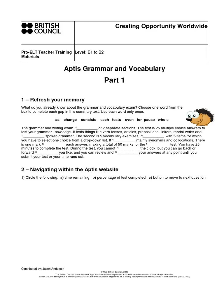 Aptis Grammar And Vocabulary Teachers - Part 1 | Pdf | Test (Assessment) | Linguistics