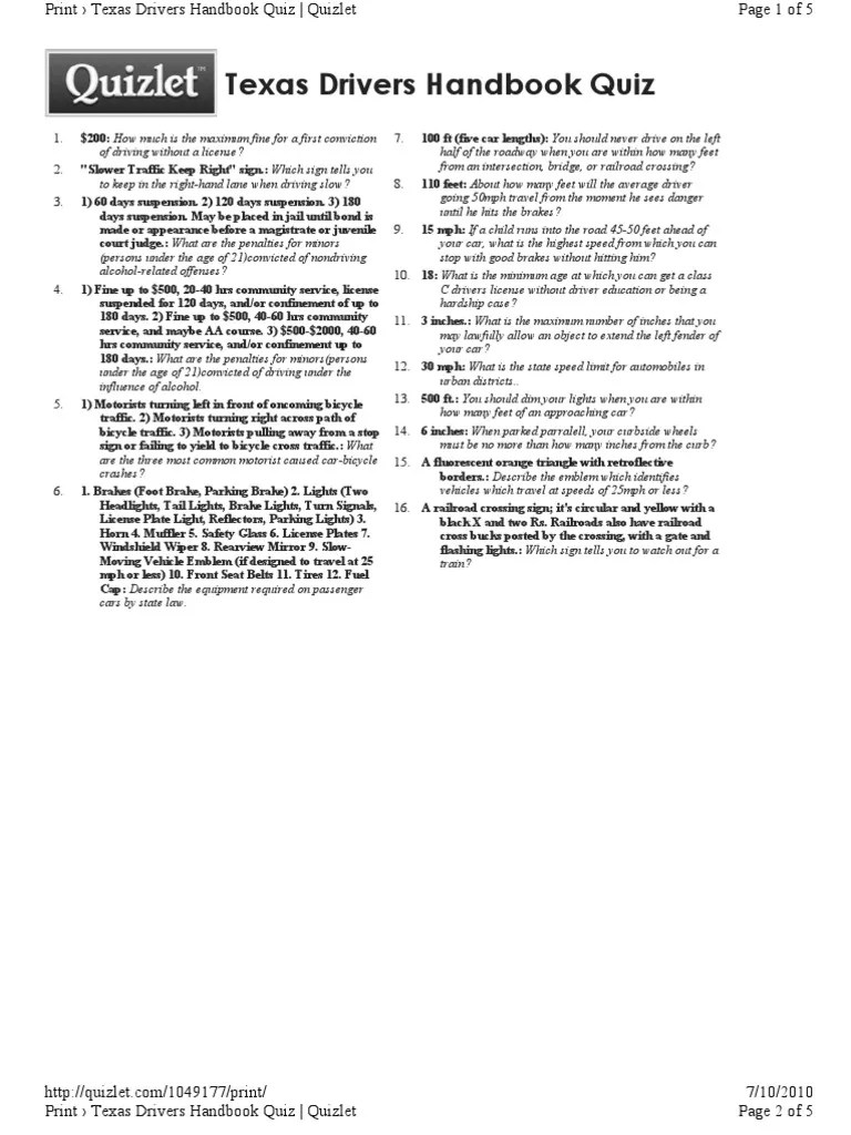 Texas Drivers Handbook Quiz Lane Traffic