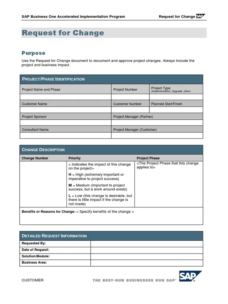 Change Request Form SAP Business One Sap Se Technology & Engineering