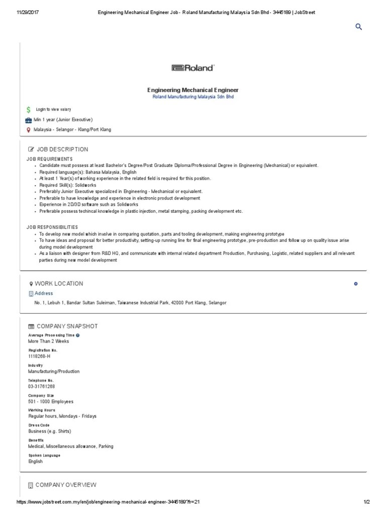 Engineering Mechanical Engineer Job Description